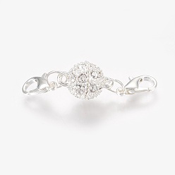 Серебро Сплав Rhinestone магнитные застежки, с карабин-лобстерами , кристалл, серебряный цвет гальваническим, 40 мм, Застежки: 12x7x2.5 мм