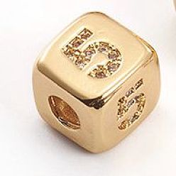 Number Латунные микро проложить кубического циркония бусы, куб с номером, прозрачные, золотые, кол. 5, 8.5x8.5x8.5 мм, отверстие : 3.5 мм