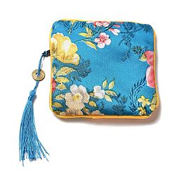 Steel Blue Square Chinese Style Cloth Tassel Bags, with Zipper, for Bracelet, Necklace, Steel Blue, 11.5x11.5cm
