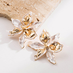 White Alloy Enamel Stud Earrings for Women, Flower, Golden, White, 60x60mm