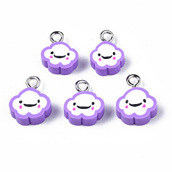 Blue Violet Handmade Polymer Clay Charms, with Platinum Plated Iron Loop, Cloud with Smile, Blue Violet, 11~14x9~11.5x4mm, Hole: 1.8mm