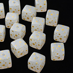 Gold Printed Acrylic Beads, Square with Flower Pattern, Gold, 16x16x16mm, Hole: 3mm