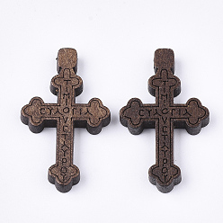Coconut Brown Wooden Pendants, Dyed, Cross with Word, Coconut Brown, 32x19x5mm, Hole: 1.5mm