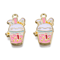 Perle rosa Emaille Anhänger Legierung, cadmiumfrei und bleifrei, Licht Gold, Kaninchen-Cup-Charm, Perle rosa, 22x12x1.5 mm, Bohrung: 1.8 mm