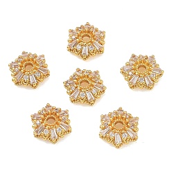 Golden Brass Micro Pave Cubic Zirconia Bead Caps, Flower, Rack Plating, Long-Lasting Plated, Cadmium Free & Lead Free, Golden, 10x9x3.5mm, Hole: 1.8mm