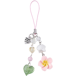 White 1Pc Alloy Polyester Mobile Straps, Flower with Shell Shape, Antique Silver, with Resin, White, 105mm