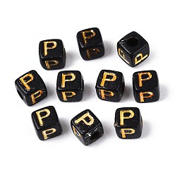 Letter P Непрозрачные акриловые бусины, золотой металл обвитыми, куб с письмом, чёрные, Письмо P, 4.5~5x4.5~5x4.5~5 мм, отверстие : 2 мм, Около 6250 шт / 500 г