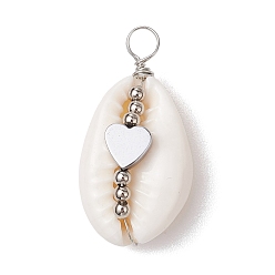 Сердце Подвески в форме ракушки из натуральной медной проволоки в виде ракушки каури, подвески из синтетического немагнитного гематита с платиновым покрытием, сердце, 26~29.5x12~15x9~10.5 мм, отверстие : 3.5~4 мм