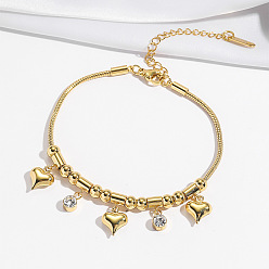 Золотой 304 Браслеты из нержавеющей стали с подвесками из страз, браслеты из змеиной цепи для женщин, Сердце & плоские круглые, золотые, 7.09 дюйм (18 см)