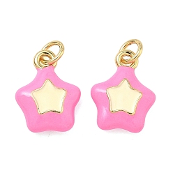 Бледно-Розовый Латунь эмаль подвески, звезды прелести, долговечный, стойки покрытие, без свинца и без кадмия, реальный 18 k позолоченный, розовый жемчуг, 14x11x4.5 мм, отверстие : 3 мм, Перейти кольцо: 5x1 мм