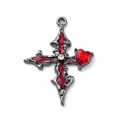 Черный Цвет Металла Готическая стойка подвески из сплава с покрытием, с красными стразами, крестик, металлический черный , 36.5x27x4 мм, отверстие : 1.8 мм