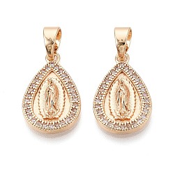 Настоящее золото 18K Религиозные латунные подвески с прозрачными кубическими циркониями, слезинка с чарами Девы Марии, реальный 18 k позолоченный, 20x13x3~3.5 мм, отверстие : 6x4 мм