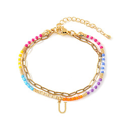 Letter U 304 Браслеты из нержавеющей стали с подвесками в виде букв, двухслойные, Эластичные браслеты из смоляных бусин для женщин, золотые, Буква U, 6.50 дюйм (16.5 см) ~ 6.69 дюйм (17 см)