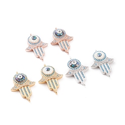 (52) Непрозрачная лаванда Соединители из латуни с микропаве и кубическим цирконием, с морским ушком, без кадмия, без никеля и без свинца, hamsa рука / рука fatima / рука miriam, прозрачный и синий, разноцветные, 26x17x4.8 мм, отверстие : 1.2 мм