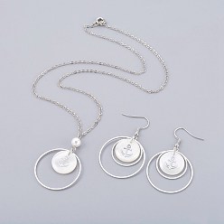 Platinum & Silver Brass Jewelry Sets, Necklaces and Dangle Earrings, with Shell Beads and Iron Finding, Flat Round with Anchor, Platinum & Silver, Necklaces: 18.11 inch(46cm), 43x30mm, Earring: 50~52mm, Pin: 0.7mm