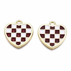 Brown Rack Plating Alloy Checkerboard Pendants, with Enamel, Cadmium Free & Lead Free, Light Gold, Heart with Grid Pattern, Brown, 18.5x18x2mm, Hole: 2mm