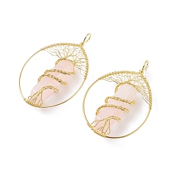 Rose Quartz Natural Rose Quartz Big Pendants, with Brass Findings, Teardrop, 69~71x49~51.5x15~18mm, Hole: 5x6mm