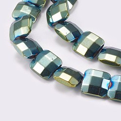 Green Plated Electroplated Non-magnetic Synthetic Hematite Beads Strands, Faceted, Square, Green Plated, 10x10x4mm, Hole: 1mm, about 40pcs/strand, 15.9 inch(40.5cm)