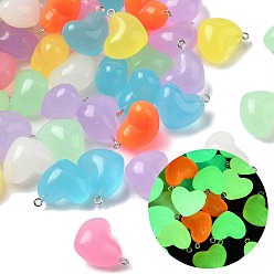 Сердце Светящиеся подвески смолы, с железной платиной петлей, светится в темноте, сердце, 23x23x15 мм, отверстие : 1.8 мм