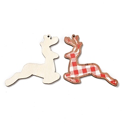 Red Single Face Christmas Printed Wood Big Pendants, Reindeer Charms, Red, 46x51x2.5mm, Hole: 1.6mm