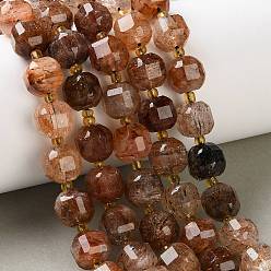 Rutilated Quartz Natural Black Gold Rutilated Quartz Beads Strands, Faceted Table Cut Cube Beads, with Seed Beads, 9.5~10x9~9.5x9~9.5mm, Hole: 1mm, about 31~33pcs/strand, 14.96~15.12''(38~38.4cm)
