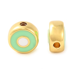 Светло-зеленый Стойки обшивки латунные бусины, с эмалью, долговечный, реальный 18 k позолоченный, плоские круглые с сглаза, светло-зеленый, 6.5x3.5 мм, отверстие : 1.2 мм