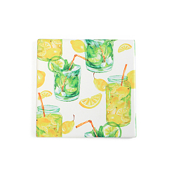 Lemon Porcelain Cup Mats, Coasters, with Anti-slip Cork Bottom, Water Absorption Heat Insulation, Square with Fruit, Lemon Pattern, 108x108mm