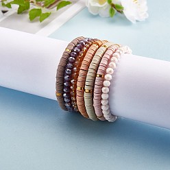 Шоколадный 7 шт. 7 набор браслетов ручной работы из полимерной глины Heishi Surfer Stretch, стеклянные бусы браслеты, составные опрятные браслеты для женщин, цвет шоколада, внутренний диаметр: 2-1/8 дюйм (5.3 см), 1 шт / стиль