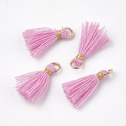 Pearl Pink Polycotton(Polyester Cotton) Tassel Pendant Decorations, Mini Tassel, with Iron Findings and Metallic Cord, Light Gold, Pearl Pink, 10~15x2~3mm, Hole: 1.5mm