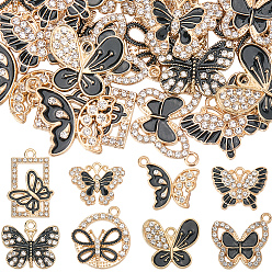 Black 32Pcs 8 Styles Alloy Enamel Pendants, with Crystal Rhinestone, Butterfly, Light Gold, Black, 16~25x17.5~22x2~2.5mm, Hole: 1.5~2mm, 4pcs/style