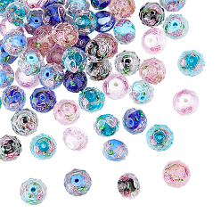 Mixed Color 70Pcs 7 Colors Handmade Gold Sand Lampwork Beads Strands, Inner Flower, Faceted Rondelle, Mixed Color, 11~12x8~9mm, Hole: 2mm