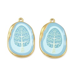 Светло-Голубой Печатные 304 подвески из нержавеющей стали, овальные с деревом, реальный 18 k позолоченный, вакуумное покрытие pvd, Небесно-голубой, 33.5x22x2.5 мм, отверстие : 2 мм