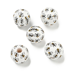 Белый Набивные деревянные европейские бусины, круглый с рисунком пчел, белые, 15.5~16 мм, отверстие : 4~4.5 мм