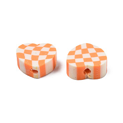 Sandy Brown Handmade Polymer Clay Beads, Heart with Tartan, Sandy Brown, 9x10x4mm, Hole: 1.5mm