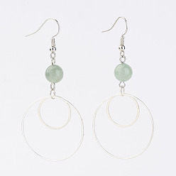 Green Aventurine Brass Ring Dangle Earrings, with Natural Green Aventurine Bead and Brass Earring Hooks, Silver and Platinum, 65x30x8mm, Pin: 0.6mm