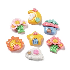 Mixed Color Opaque Resin Cabochons, Flower & Moon & Sun, Mixed Shapes, Mixed Color, 15~19.5x20~23x5~8mm