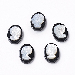 (946F)Морозный цвет внутри  Жонкиль / Непрозрачная зеленая подкладка Натуральный черный агат камео кабошоны, с оболочкой, овал с женским портретом, белые, 14x10x4~5 мм