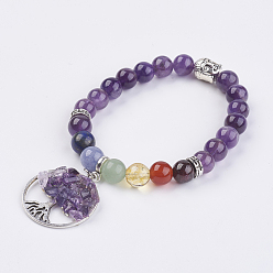 Amethyst Chakra Schmuck natürlichen Edelstein Perlen und Amethyst Bettelarmband, mit Tibetischen Stil Perlen, flach rund mit Baum des Lebens, 2 Zoll (50 mm)