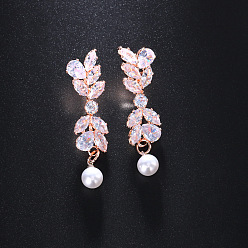 Розовое Золото Серьги-гвоздики из листовой латуни с прозрачным кубическим цирконием, с пластиковой имитационной жемчужиной, розовое золото , 20 мм