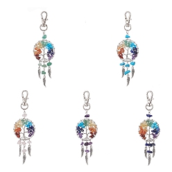 Смешанный Голдстоун Плетеная сетка/паутина с подвесками в виде крыльев, с фишками из драгоценных камней и поворотными застежками-карабинами из сплава, плоские круглые с дерева жизни, 113~115 мм