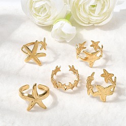 Настоящее золото 18K 5 шт. 304 открытые манжеты из нержавеющей стали для женщин, морская звезда, ионное покрытие (ip), реальный 18 k позолоченный, внутренний диаметр: 17.6~18 мм
