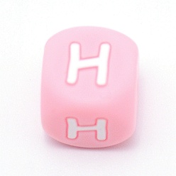 Letter H Silicone Alphabet Beads for Bracelet or Necklace Making, Letter Style, Pink Cube, Letter.H, 12x12x12mm, Hole: 3mm