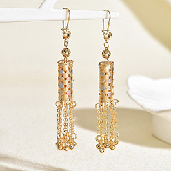 Настоящее золото 18K Латунные серьги обруча, колонна с квадратным узором, цепочка-оберег, реальный 18 k позолоченный, 85x10 мм