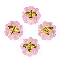 Бледно-Розовый Прозрачные брызги, окрашенные распылением, с блестящей пудрой и позолоченной латунной фурнитурой, цветок с пчелами, розовый жемчуг, 12x12x5 мм, отверстие : 1 мм