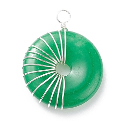 Silver Natural Malaysia Jade Connector Charms, with Copper Wire Wrapped, Donut/Pi Disc, Silver, 31.5x25x6.5mm, Hole: 3.4mm