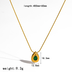 Green 304 Stainless Steel Pave Cubic Zirconia Pendant Necklaces, Teardrop, Real 18K Gold Plated, Green, 15.75 inch(40cm)