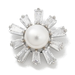 Цветок Стойка покрытие латунные микропаве прозрачные кубические циркониевые кнопки, с ABS имитации жемчуга, долговечный, без свинца и без кадмия, 1-луночное, платина, цветок, 19x18.5x9.5 мм, отверстие : 1.4 мм