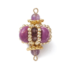 Аметист Подвески-соединители в форме ромба из окрашенной синтетической императорской яшмы и стеклянных бусин ручной работы, с натуральным аметистом и биконическими стеклянными бусинами, золотые, фиолетовые, 26~27x16.5~17x16.5~17 мм, отверстие : 1.2~1.8 мм