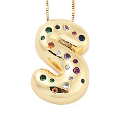 Letter S Латунные ожерелья с подвесками в виде букв из микрофибры с кубическим цирконием, реальный 18 k позолоченный, Письмо с, 17.40~17.80 дюйм (44.2~45.2 см), Кулон : 29.5x19.5 мм