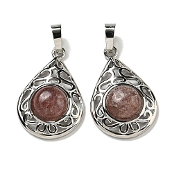 Клубничный Кварц Натуральные кварцевые подвески из клубники, покрытие стойки латунные полые слезы подвески, без кадмия и без свинца, платина, 29.5x19.5x7.5 мм, отверстие : 7.5x5 мм